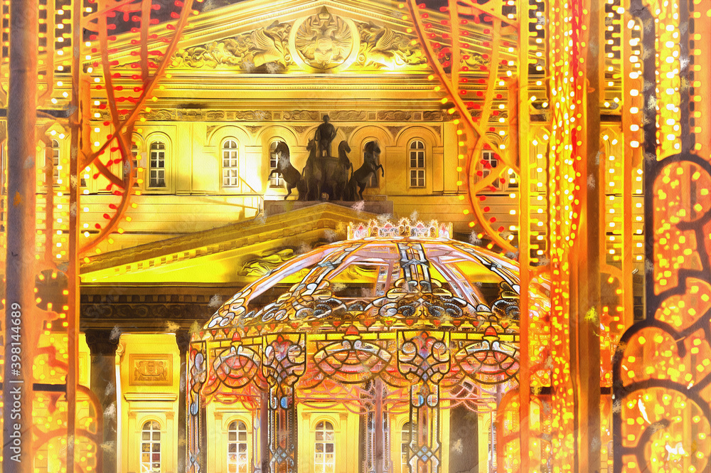 Obraz premium The city beautiful christmas street illumination on New Year holidays colorful painting, Moscow, Rissia