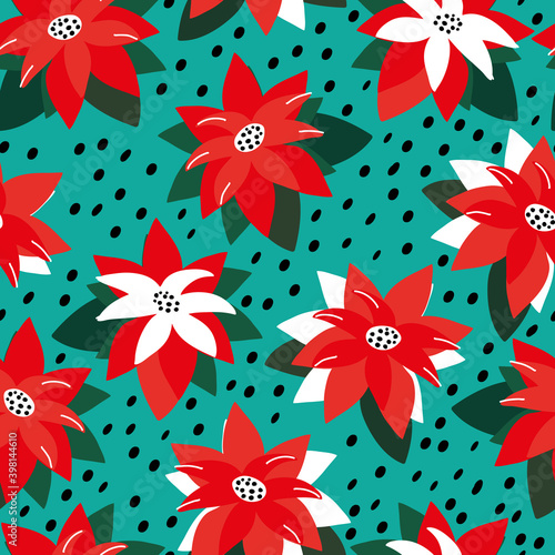 Teal with dots and poinsiettas whimsical funky florals seamless pattern background design.