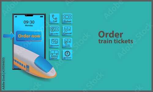 online train ticket , vector illustration of  
Order train tickets via a smartphone accompanied by a ticket icon, train cancellation, and discounts etc.