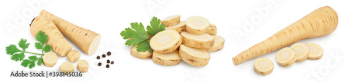 Parsnip root and slices with parsley isolated on white background closeup, Set or collection