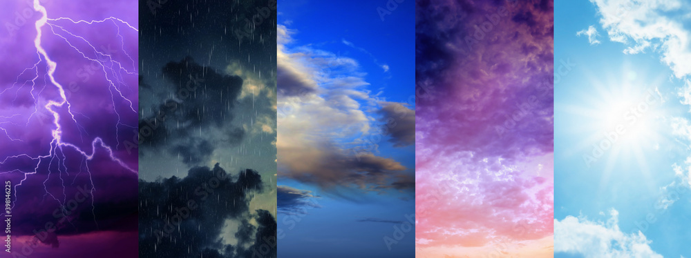 Photos of sky during different weather, collage. Banner design - obrazy, fototapety, plakaty 