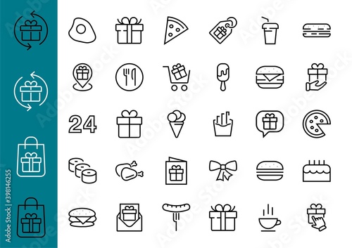 A simple set of fast food icons related to the vector line. Contains icons such as pizza, burger, sushi, bike, scrambled eggs and more. EDITABLE stroke. EPS 10