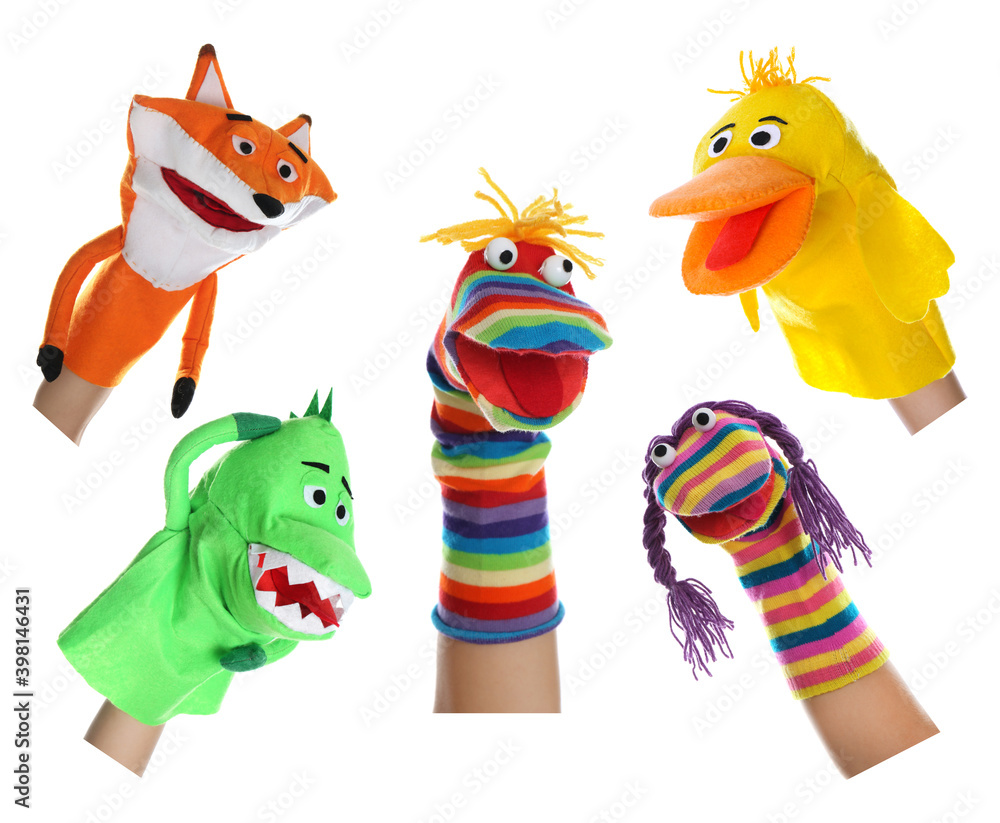 Naklejka premium Puppet show. Collage with photos of different dolls on hands against white background