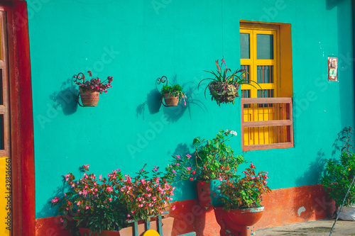 Traditional Colombian house very colorful and with plants outside © niltondaly