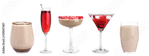 Set of tasty cocktails with liqueurs isolated on white. Banner design