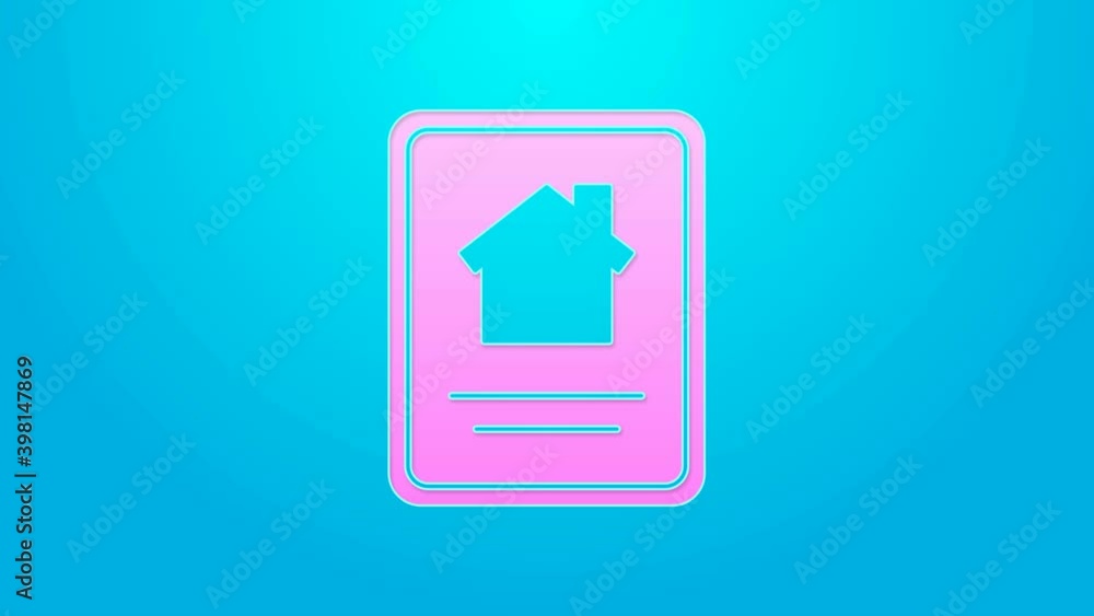 Pink line Online real estate house on tablet icon isolated on blue background. Home loan concept, rent, buy, buying a property. 4K Video motion graphic animation