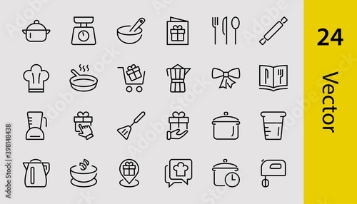 Set of icons for cooking and kitchen, vector lines, contains icons such as a knife, saucepan, boiling time, mixer, scales, recipe book. Editable stroke, perfect 480x480 pixels, white background