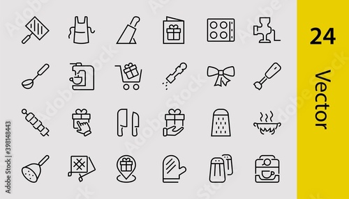 KITCHEN ICON Cooking process, Kitchen tools, Icon set, thin line vector has a blender, oven, knife, grater, barbecue, apron, barbecue, grill, coffee machine, kitchen glove, Editable stroke