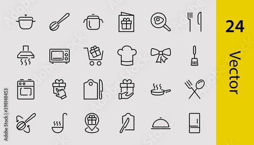 Set of cooking and kitchen icons, Vector lines, contains icons such as frying pan, frying, microwave, fork with spoon, Editable stroke, perfect 480x480 pixels, white background.