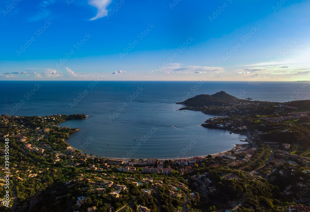 Agay Bay scenic and panoramic Aerial view at sunset in the French Riviera, Côte d'Azur, France with the view of Anthéor and Le Dramont