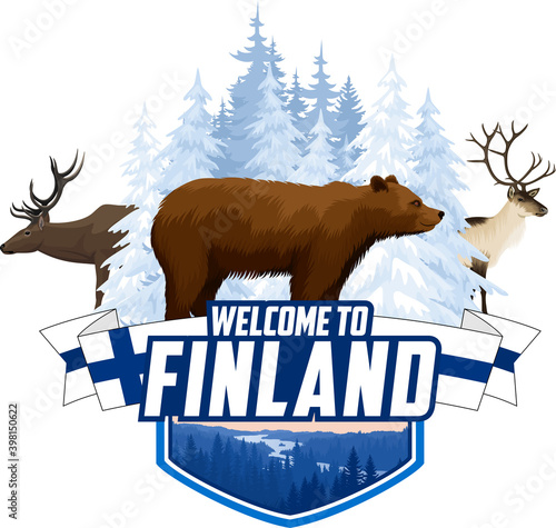 Vector Finland winter forest emblem with bear, reindeer and elk
