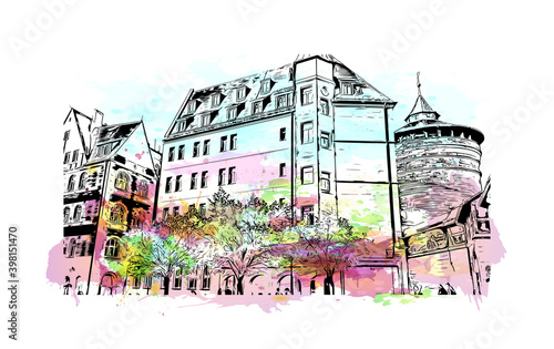 Building view with landmark of Nuremberg is the 
city of Germany. Watercolour splash with hand drawn sketch illustration in vector.