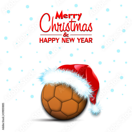 Merry Christmas and Happy New year. Handball ball in santa hat and snowflakes on isolated background. Minimalistic pattern for graphic design greeting card  poster  flyer. Vector illustration