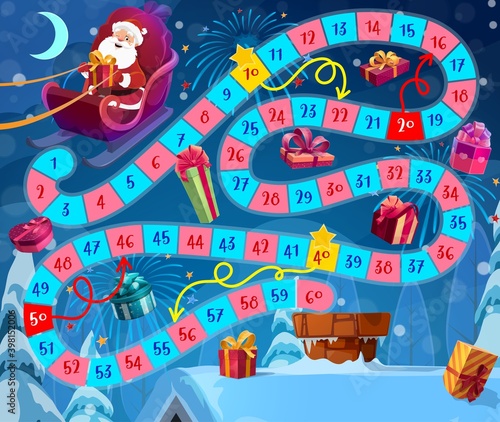 Kids Christmas board game with Santa Claus and gifts. Santa flying in sleigh, delivering and dropping presents in house chimney cartoon vector. Children roll and move game with winding path or way