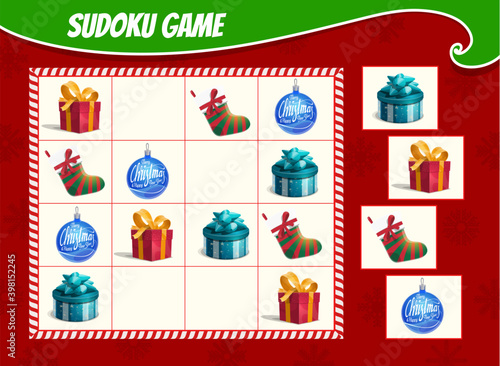 Kids sudoku game with Christmas gifts boxes, stocking and ornaments bauble. Children activity sheet, logic training puzzle or educational game with winter holiday presents and toys cartoon vector