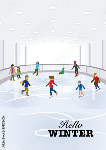 People enjoying ice skate in the indoor ice rink - included greeting words "Hello WINTER"