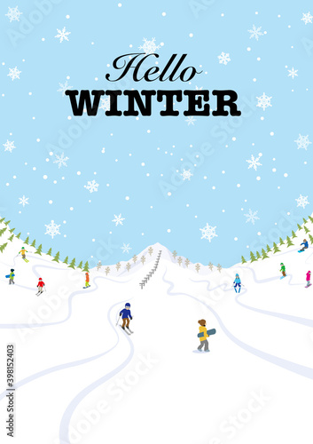 People enjoying winter sports in ski slope - included greeting words "Hello WINTER"