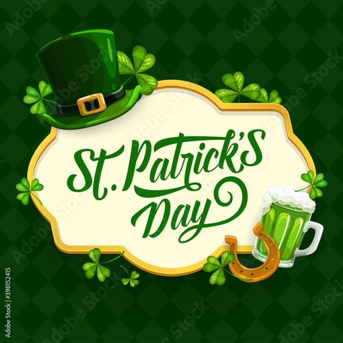 St. Patrick Day cartoon vector poster with shamrock, green hat, gold horseshoe and pint of Ireland ale around of lettering on checkered background. Saint Patricks traditional festival, celtic party