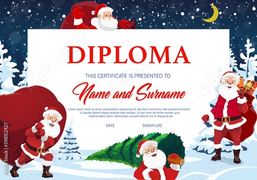 Christmas diploma, certificate with Santa Claus cartoon character. Santa carrying sack with presents on back, going in forest at night for spruce vector. Kindergarten or school winter holiday diploma