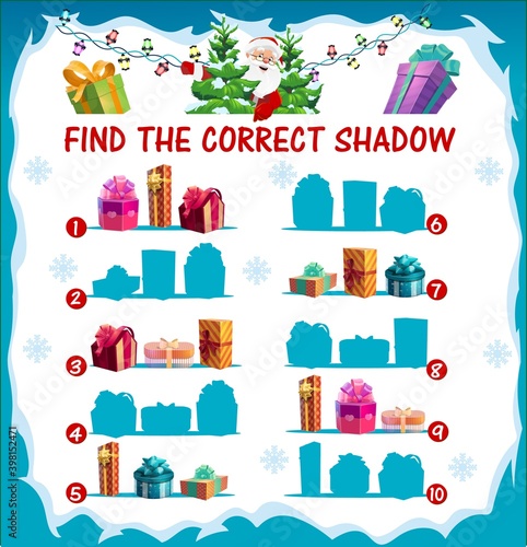 Kids Christmas riddle, find correct shadow game with Christmas gifts silhouettes. Children matching game, maze with wrapped presents, giftboxes decorated ribbon bow and Santa character cartoon vector