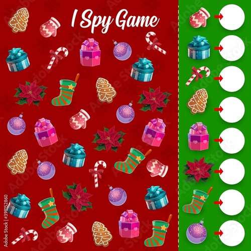 Children i spy game with Christmas gifts, sweets and ornaments. Kids counting game with Christmas ornaments balls, stocking and holiday gifts, mitten, poinsettia flower and candy cane cartoon vector