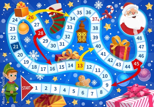 Kids roll and move boardgame with Christmas elf, Santa and gifts. Christmas stocking, wrapped presents and gingerbread man, candy cane, ornaments cartoon vector. Child board game with twisted path