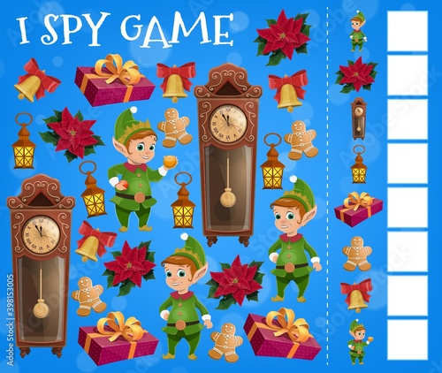 Christmas I spy game vector template with cartoon Xmas elves and gits. Children education find and count game, puzzle or riddle with Christmas present box, bell, gingerbread man and red ribbon bow
