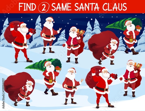 Find same Santa game, Christmas holidays activity for kids. Happy Santa Claus character carrying big sack with holiday gifts, cutting Christmas tree and walking with in snowy forest cartoon vector