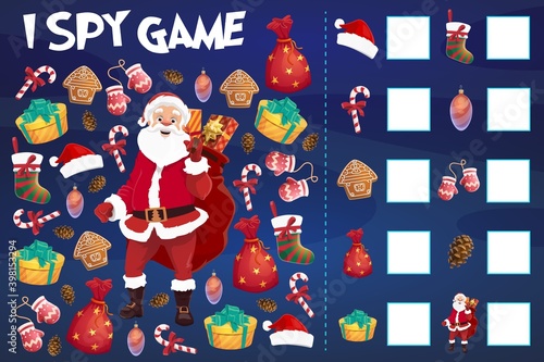 Kids i spy game with Christmas objects counting. Santa Claus character, Christmas stocking and spruce cone, gingerbread cookies, ornaments bauble and gifts boxes, candy cane, mittens cartoon vector