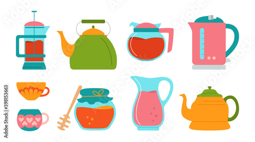 Kitchen tea cartoon style set, honey jug, sugar cup, teapot and electric kettle. Cooking dishes, equipments. Hand drawn making sweets collection objects. Vector illustration