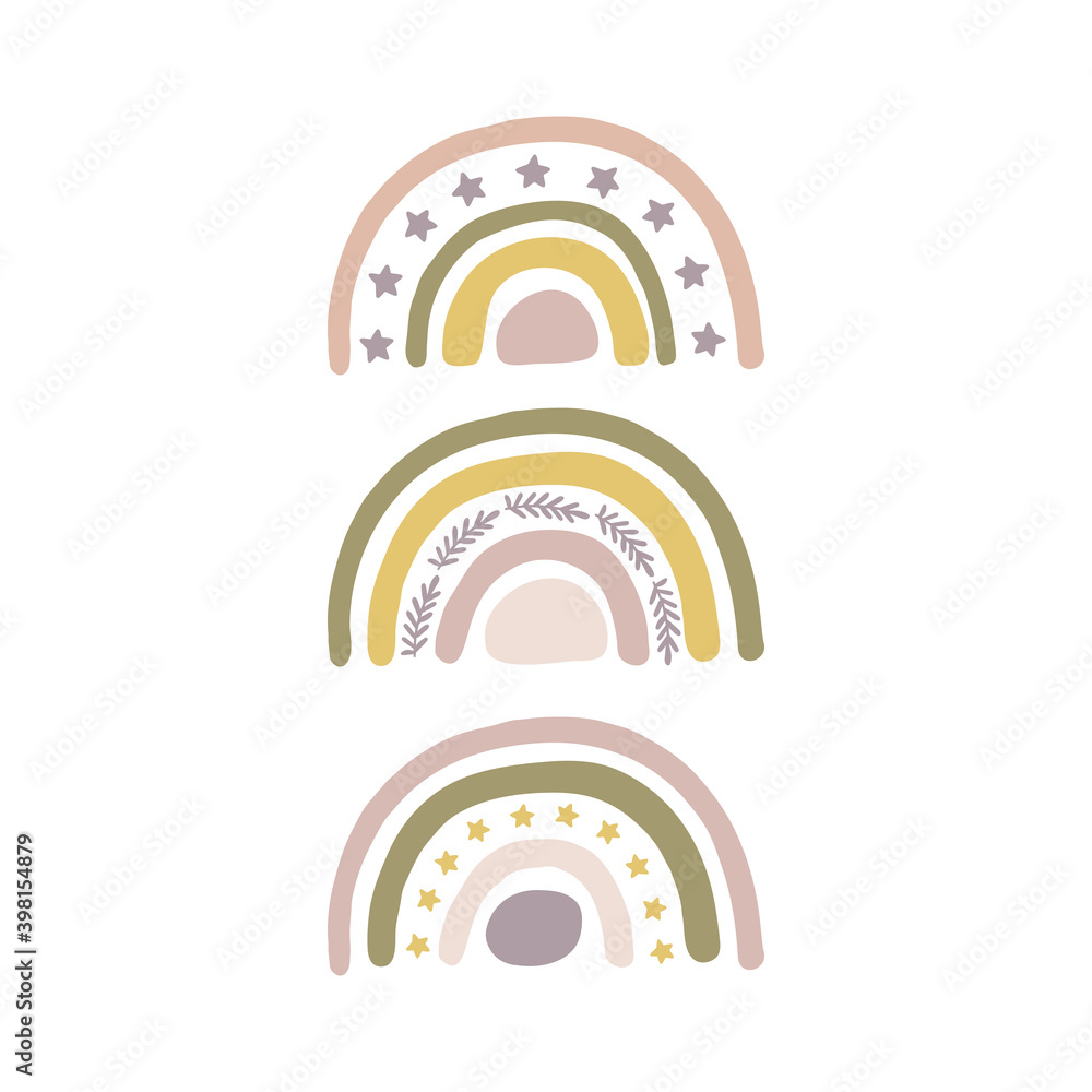Hand drawn boho nursery rainbow vector illustration set. Cute design for baby shower, kids and baby clothes print, poster for nursery room, card. Hand drawn boho nursery rainbow vector illustration set. Cute design for baby shower, kids and baby clothes print, poster for nursery room, card.