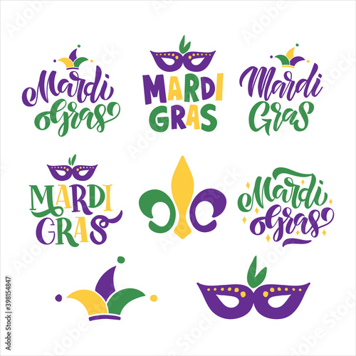 Mardi Gras traditional carnival. Fat Tuesday vector illustration. Hand drawn lettering set isolated on white background. Fleur de Lis symbol. For sticker, poster, banner, greeting card, T-shirt print