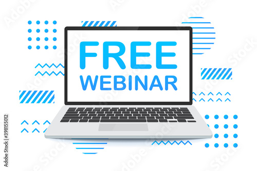 Free webinar, laptop icon. Live webinar label on laptop screen. Flat vector illustration on white background. Vector illustration.