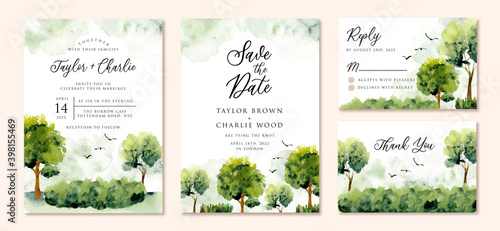 wedding invitation set with green landscape watercolor