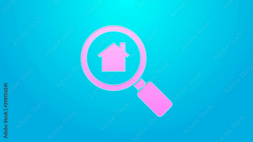 Pink line Search house icon isolated on blue background. Real estate symbol of a house under magnifying glass. 4K Video motion graphic animation Pink line Search house icon isolated on blue background. Real estate symbol of a house under magnifying glass. 4K Video motion graphic animation
