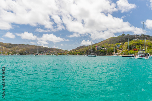 Saint Vincent and the Grenadines,Wide angle view of Princess Margaret bay and Lower bay with hills in the background, Bequia, Saint Vincent and the Grenadines
