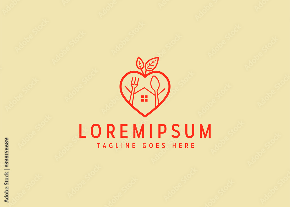 vegan food house icon design. illustration of vegan food house outlined with love apple. vintage logo design with line art icon style.