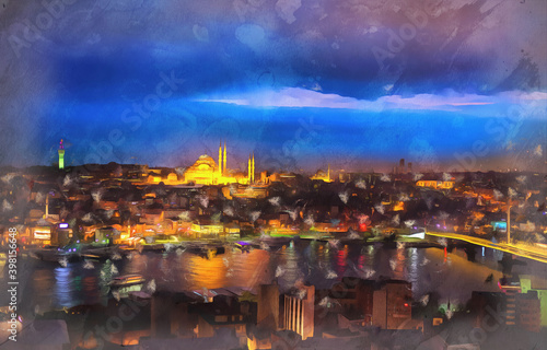 Beautiful night cityscape of Istanbul colorful painting looks like picture, Turkey.