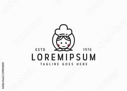 mom kitchen icon design. Illustration of woman chef. Vintage logo design vector line icon template