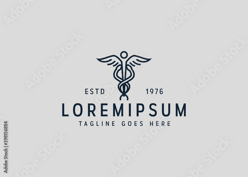 Caduceus medical icon design. Illustration of medicine snake and angel wings. Vintage logo design with line art icon style.
