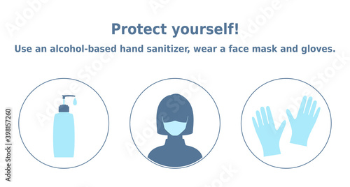 Vector illustration 'Protect yourself! Use an alcohol-based hand sanitizer, wear a face mask and gloves'. 3 icons set. Personal protective equipment items. Infographic for health posters and banners.