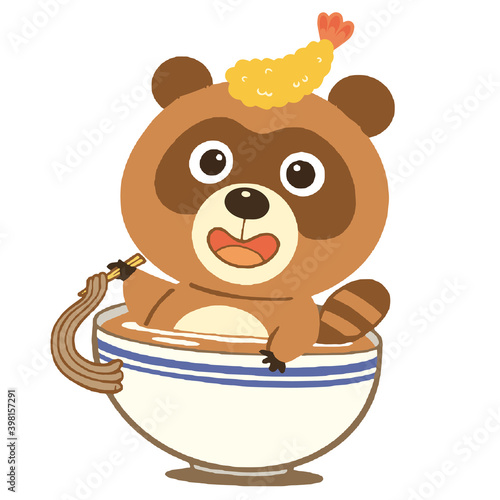 どんぶりの中に入ってそばを食べているたぬき。頭に天ぷらを乗せている。たぬきそば。