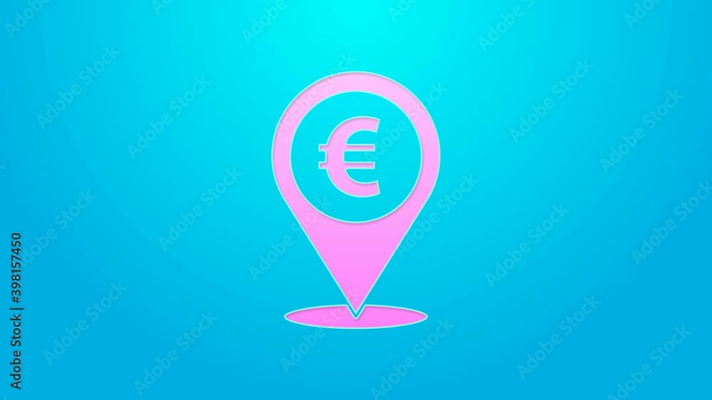 Pink line Cash location pin icon isolated on blue background. Pointer and euro symbol. Money location. Business and investment concept. 4K Video motion graphic animation Pink line Cash location pin icon isolated on blue background. Pointer and euro symbol. Money location. Business and investment concept. 4K Video motion graphic animation