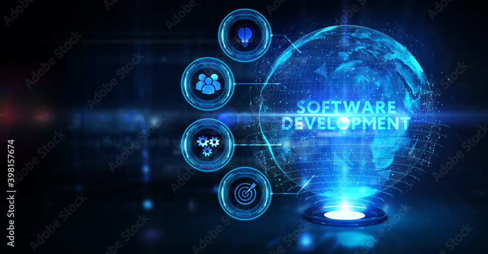 Inscription Software Development on the virtual display. Business, modern technology, internet and networking concept