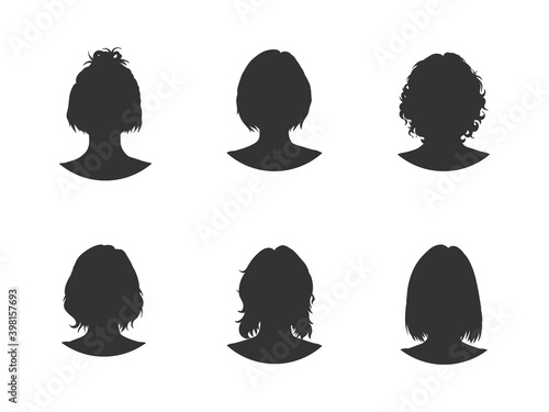 Vector set of six different women heads silhouettes with Vector set of six different women heads silhouettes with hairstyles. Hand drawn. Black images on white background.