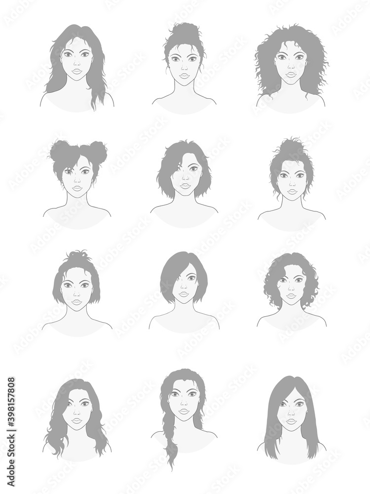 Vector set of twelve different hairstyles women. Sketch style illustration. Hand drawn. Isolated on white background. Vector set of twelve different hairstyles women. Sketch style illustration. Hand drawn. Isolated on white background.