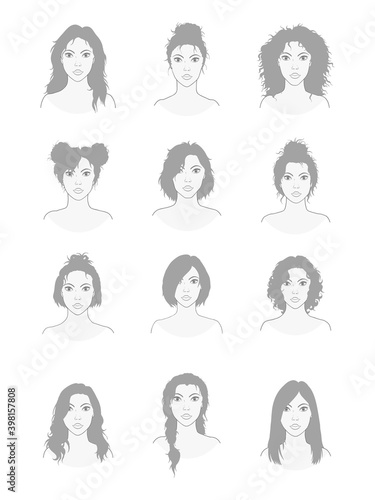 Vector set of twelve different hairstyles women. Sketch style illustration. Hand drawn. Isolated on white background.