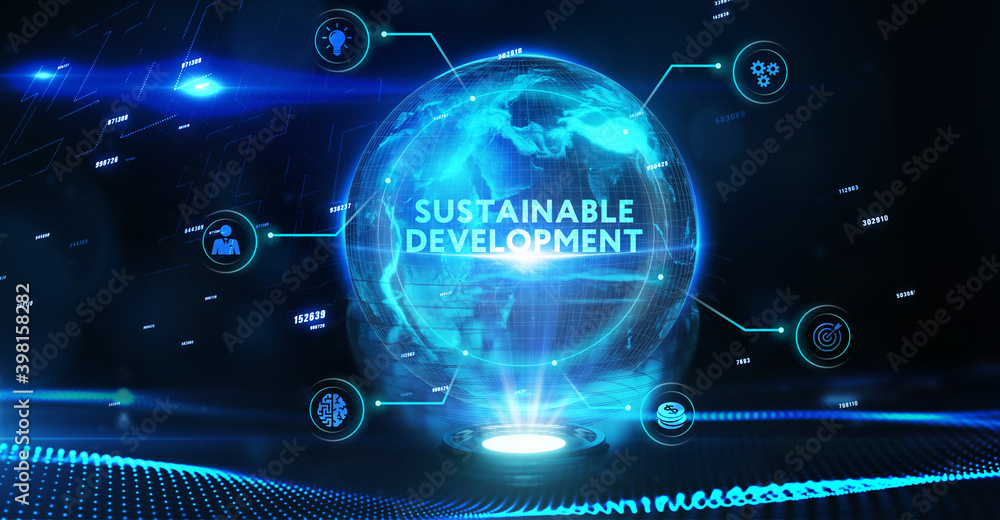 Obraz premium SUSTAINABLE DEVELOPMENT inscription, cloud technology concept. Business, Technology, Internet and network concept.