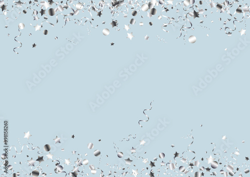 Silver Confetti Falling Vector Blue Background. 