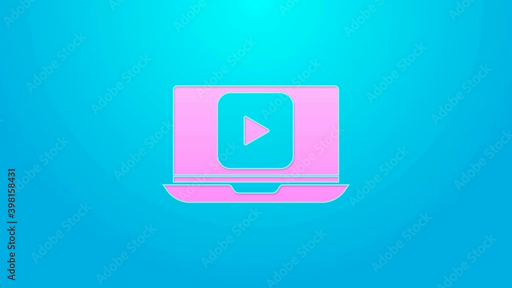 Pink line Online play video icon isolated on blue background. Laptop and film strip with play sign. 4K Video motion graphic animation Pink line Online play video icon isolated on blue background. Laptop and film strip with play sign. 4K Video motion graphic animation